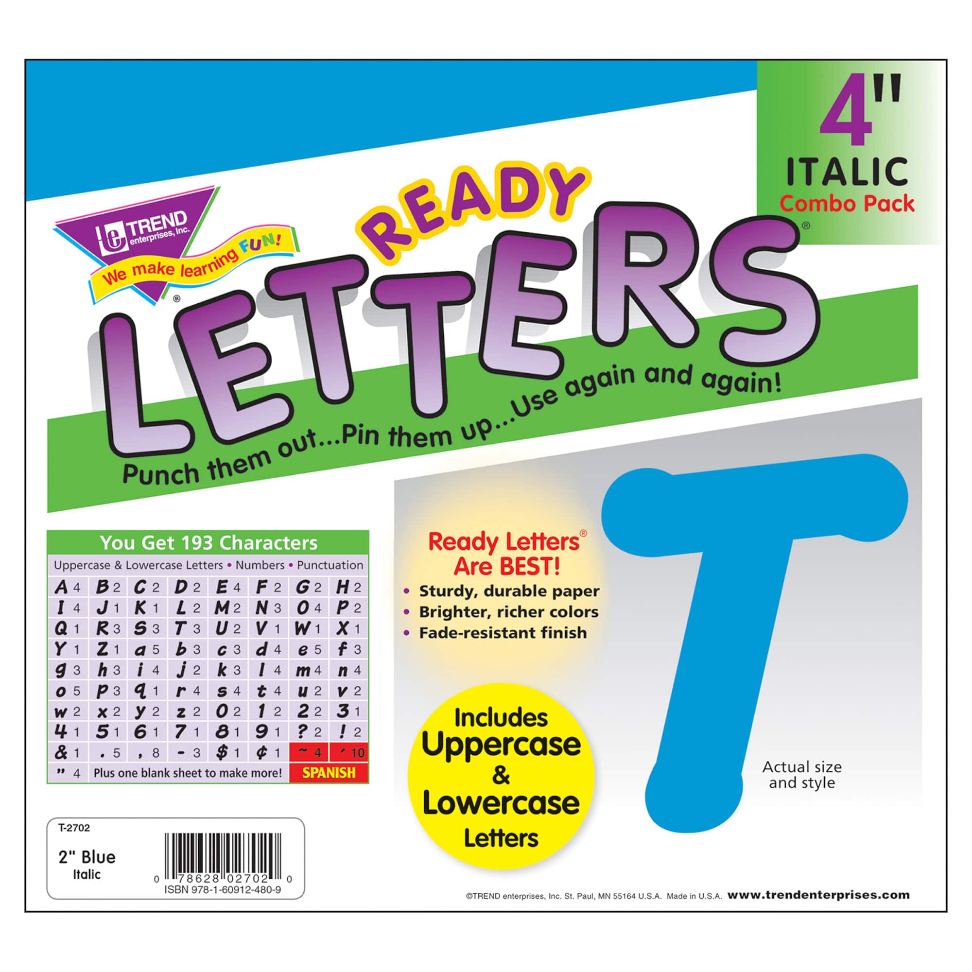 TREND Enterprises® Blue 4" Italic Combo Ready Letters®, 193 Per Pack, 3 Packs